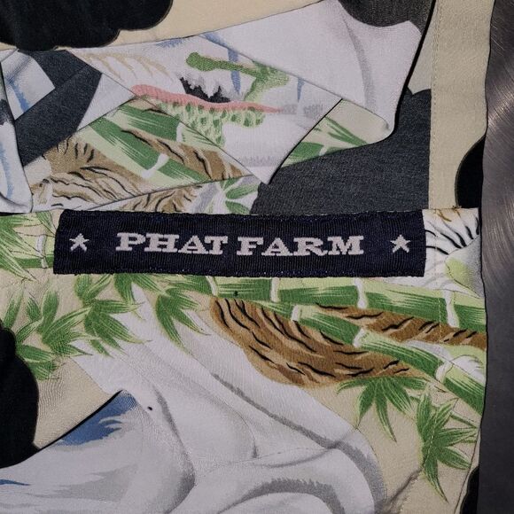 Vintage Y2K Phat Farm Shirt Tan Button Up All Over Print Tiger Dragon Mens XL - Picture 11 of 13